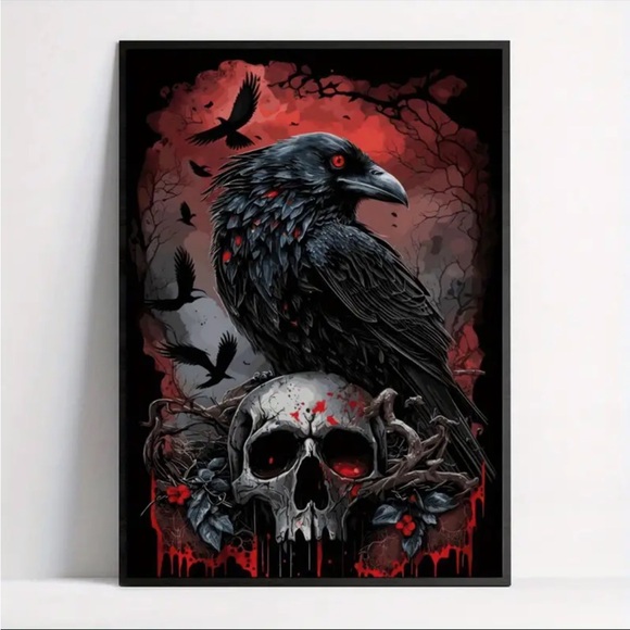 Raven and Skull Art Print red & black - Picture 1 of 7